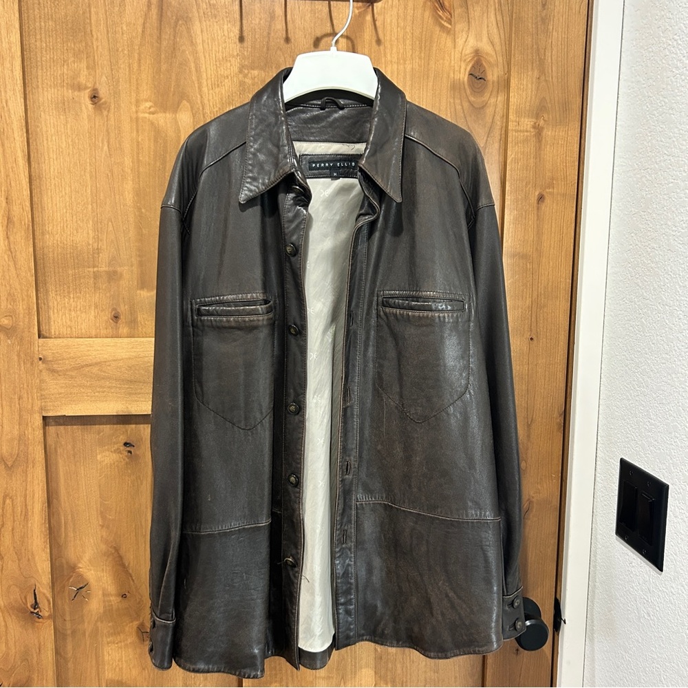 Perry Ellis Brown Genuine Leather Button Up Jacket Size Medium - Picture 9 of 10